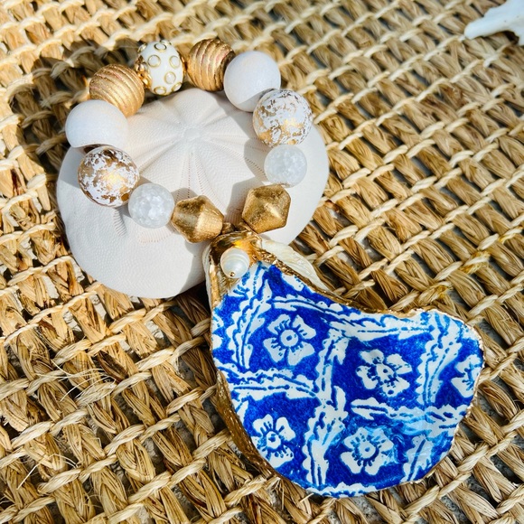 🐚 Gorgeous COSTAL handcrafted blue oyster shell-GOLD accents-freshwater PEARL! - Picture 5 of 9